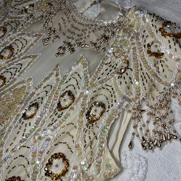 Vintage Silk Beaded Sequin Sheath Dress Floral Gold Cream Formal Fancy Size 10 - Picture 3 of 6